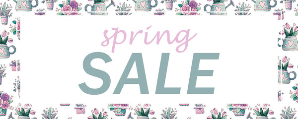 Frame with leaves. Spring background. Watercolor illustration. Horizontal advertising banner.