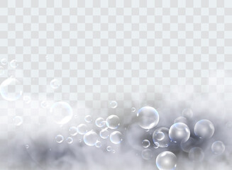 Bath foam with shampoo bubbles isolated on transparent background. Vector shaving, foam mousse with bubbles