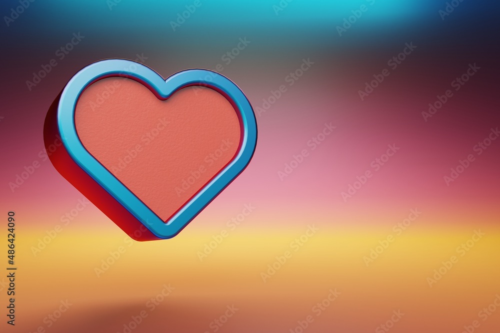 Aufkleber Beautiful Blue Heart  with red symbol on multicolor bright background. 3d rendering illustration. Background pattern for design.