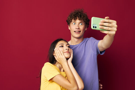 Man and woman take a selfie posing hug Lifestyle