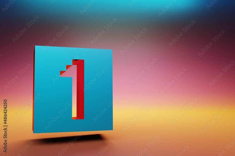 Poster pixel number 1. beautiful blue one icons symbol on multicolor bright background. 3d rendering illust