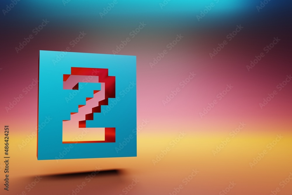 Poster Pixel number 2. Beautiful Blue Two icons symbol on multicolor bright background. 3d rendering illustration. Background pattern for design.