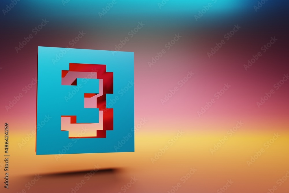 Fototapete Pixel number  3. Beautiful Blue Three icons symbol on multicolor bright background. 3d rendering illustration. Background pattern for design.
