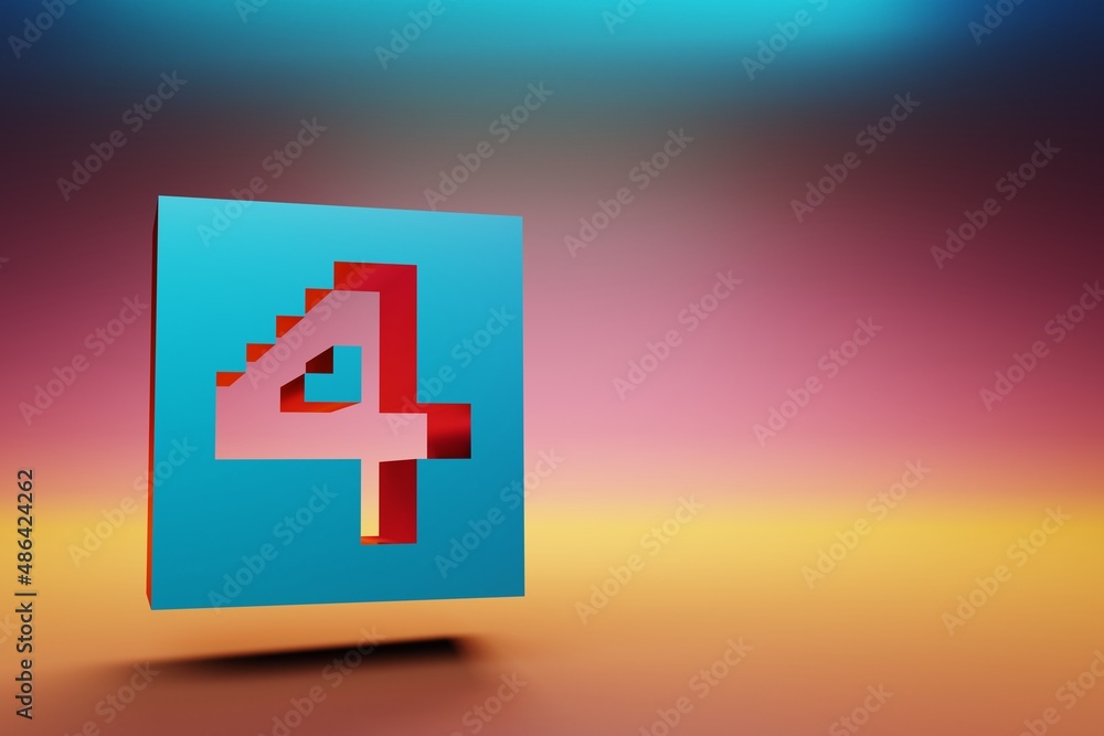 Poster Pixel number 4. Beautiful Blue Four icons symbol on multicolor bright background. 3d rendering illustration. Background pattern for design.