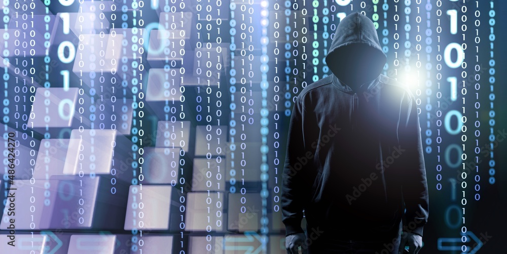 Aufkleber cyber security concept. hacker man on background