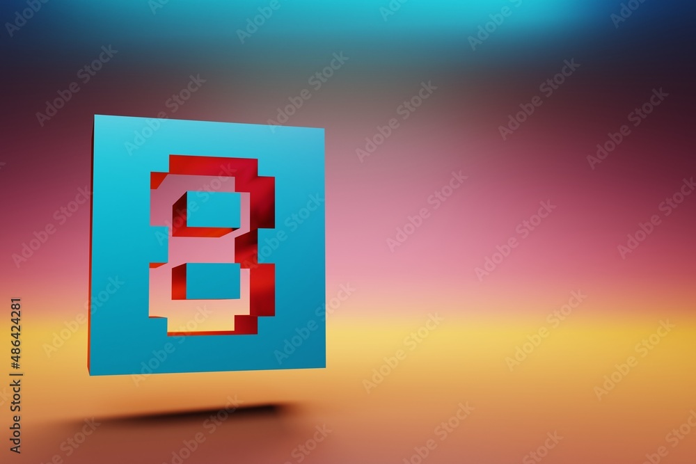 Poster pixel number 8. beautiful blue eight icons symbol on multicolor bright background. 3d rendering illu
