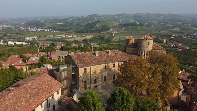 Roddi town and castle aerial view in Langhe, Piedmont Italy (Piemonte)