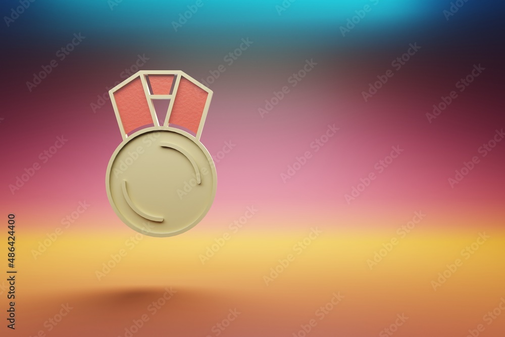 Poster beautiful golden medal symbol on multicolor bright background. 3d rendering illustration. background