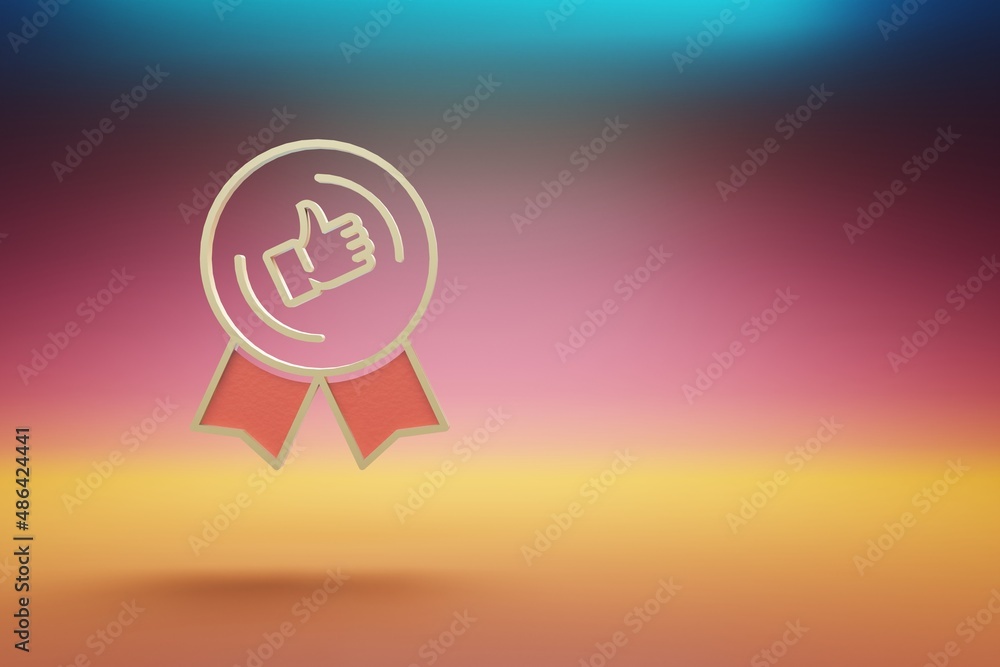 Aufkleber beautiful golden thumbs up badge symbol on multicolor bright background. 3d rendering illustration. 