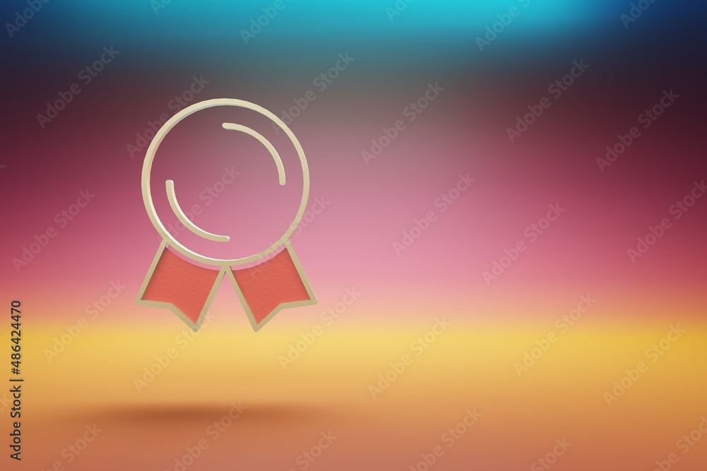 Poster Beautiful golden Badge symbol on multicolor bright background. 3d rendering illustration. Background pattern for design.