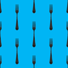Seamless pattern. Fork top view on blue background. Template for applying to surface. Flat lay. 3D image. 3D rendering.