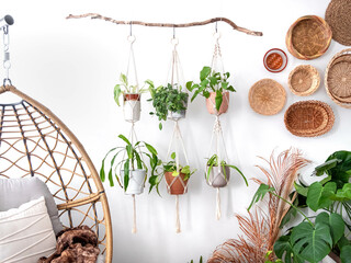 Straight shot of  cotton macrame plant hangers with an egg chair and wall baskets.