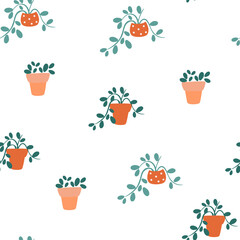 Potted house plants seamless pattern. Trendy home decor with plants. Flowers in pot, house interior. Perfect for fabric, packaging, wallpaper, textiles, clothing. Vector illustration