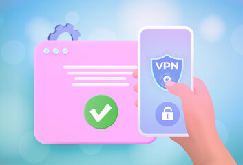 VPN Service app 3d concept. Internet Security Virtual private network (VPN) and Privacy Data Encryption Software Service. Cartoon hand holding a smartphone with vpn app