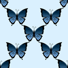 Butterfly black silhouettes seamless border pattern. Isolated in white background vector wallpaper background texture tile