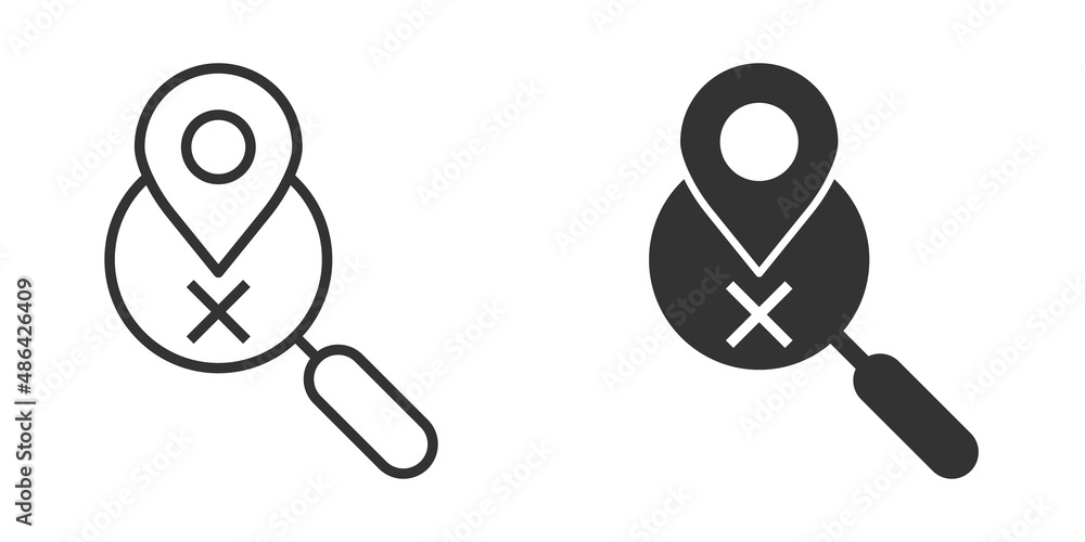 Poster map pin with magnifier icon in flat style. gps navigation vector illustration on white isolated back