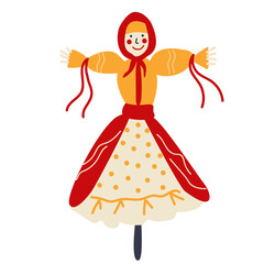 A stuffed straw man in a traditional Maslenitsa outfit. Russian traditions. Vector isolated illustration on a white background