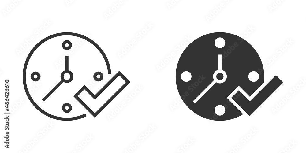 Poster clock check mark icon in flat style. timer approval vector illustration on white isolated background