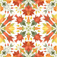 Floral seamless pattern with mandalas of flowers, berries and foliage on white background. Natural spring texture