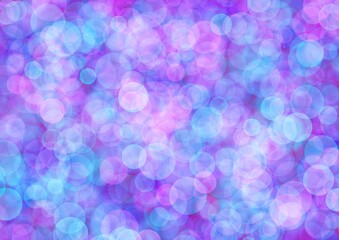Blurred blue background with bright purple circle sparkling lights. Shiny lilac glittery bokeh of christmas garland.