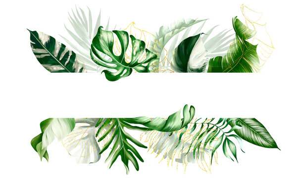 Watercolor tropical - jungle leaves frame, wreath. Greenery, emerald green leaf. Wedding exotic invitation