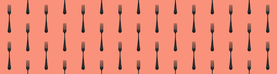 Seamless pattern. Fork top view on pastel red background. Template for applying to surface. Flat lay. Banner for insertion into site. 3D image. 3D rendering.