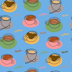 A pattern of coffee cups standing on multicolored saucers and the words 