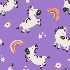 Obraz na płótnie Canvas Seamless pattern with cute hand drawn zebras. Design for fabric, textile, wallpaper, packaging, decorating a nursery. 