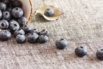 Blueberries sprinkled on a grey textured background, table. Scattered blueberries