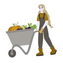 Girl pushing wheelbarrow full of fresh vegetables. Young woman working in garden or farm. Vector illustration. Eco farming concept.