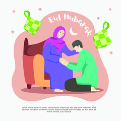 son apologize to parents greeting eid ramadan illustration cartoon