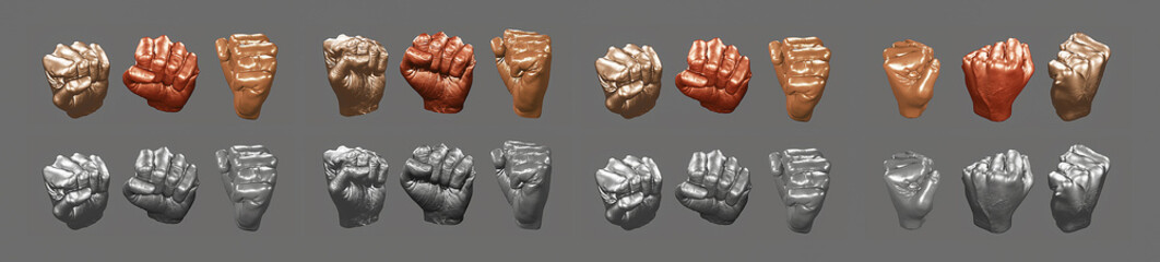 3d set of fist hand sculpture rendered from different angles for animation movie, vfx and video game projects