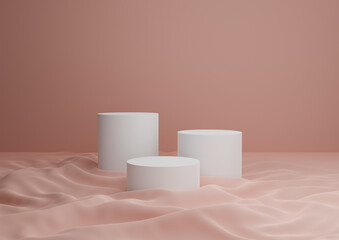 Pastel Pink Composition of Three Podiums or Stands for Product Display Placed on Fabric with Neutral, Simple, Minimal Background 3D rendering