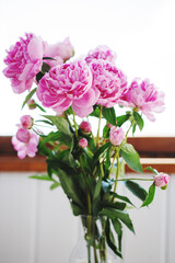 Flower bouquet of pink and white fresh peony flowers in a vase in sunshine