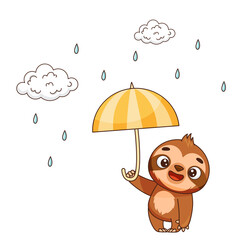 Happy baby sloth stands in the rain with an umbrella in his hands near the clouds and drops. Vector illustration for designs, prints and patterns. Isolated on white background