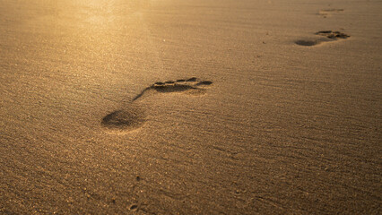 Footprints on the sandy beach at sunrise