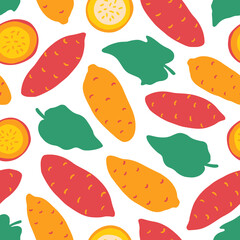 Cute sweet potato seamless pattern. Whole vegetables, slices, leaves and flowers. Flat vector hand drawn illustration in cartoon style