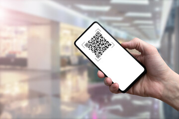 QR code to be scanned by smartphone or scanner. Encrypted information. Shopping. Encoded data about a product or person. Pass to the Shopping Center.