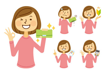 女性　普段着　お金　素材