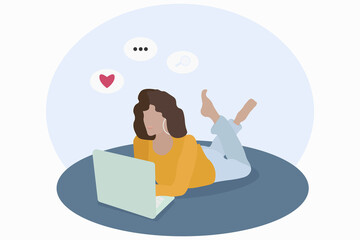 Vector illustration of a woman lying behind a laptop. The concept of communication, information retrieval, use of the Internet.