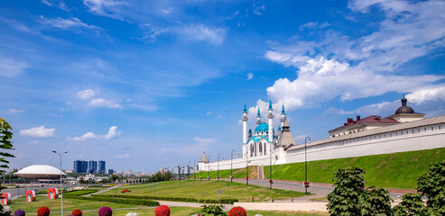 Panorama Summer blue sky Kul Sharif Mosque islam and Kremlin Kazan. Concept Russia Travel Beautiful