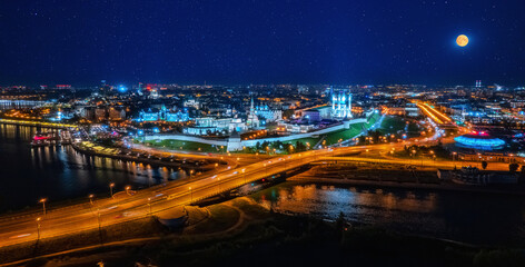 Fototapeta na wymiar Panorama night city Kazan kremlin and Kul Sharif mosque Russia, aerial top view
