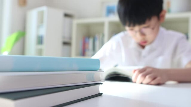 Correct study attitude of smart and cute student focusing on reading and studying with books passing