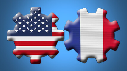 France and USA United States of America Wheel Gears Flags – 3D Illustration