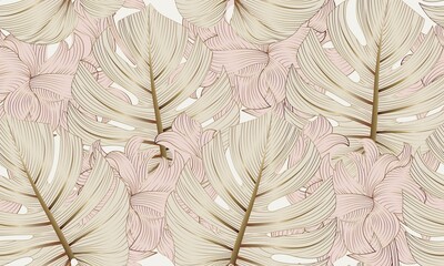 Tropical Leaves Pattern. Monstera Leaf Seamless Pattern. Luxury Floral Vector Background with Tropical Leaves Line Art Drawing. Modern Trendy Leaf Print Design. 