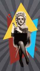 Funny buisness woman with statue head sitting with laptop on color abstract background.