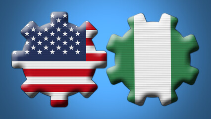 Nigeria and USA United States of America Wheel Gears Flags – 3D Illustration