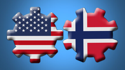 Norway and USA United States of America Wheel Gears Flags – 3D Illustration