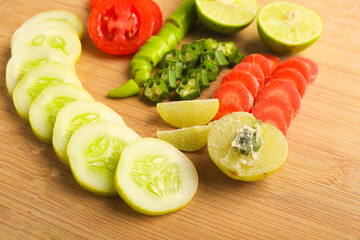 Helthy food concept : Raw vegetable slices on wooden board
