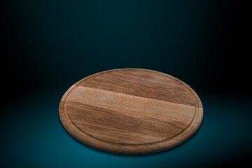 Round wooden podium for food, products against bright background.